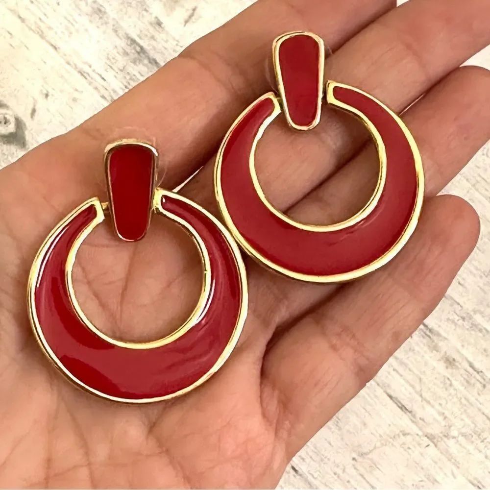 Large red enamel door knocker earrings